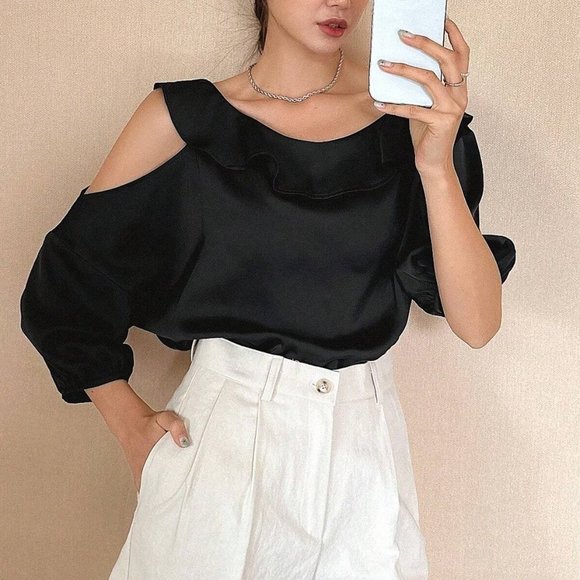 . Tops - Black Boho Womens Asymmetrical Neck Ruffle Trim Blouse